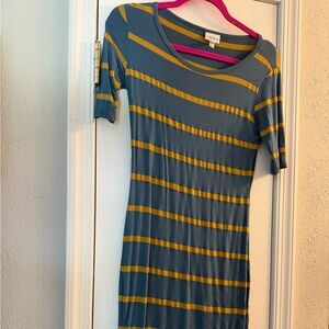 LuLaRoe Julia Blue and Yellow Striped Dress